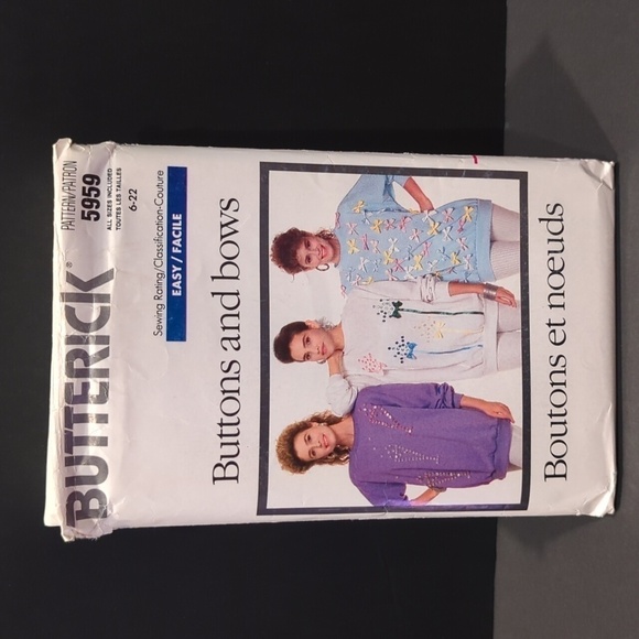 Butterick 5959 Size 6-22 Uncut Sewing Pattern Buttons and Bows - Very 80's - Picture 1 of 4